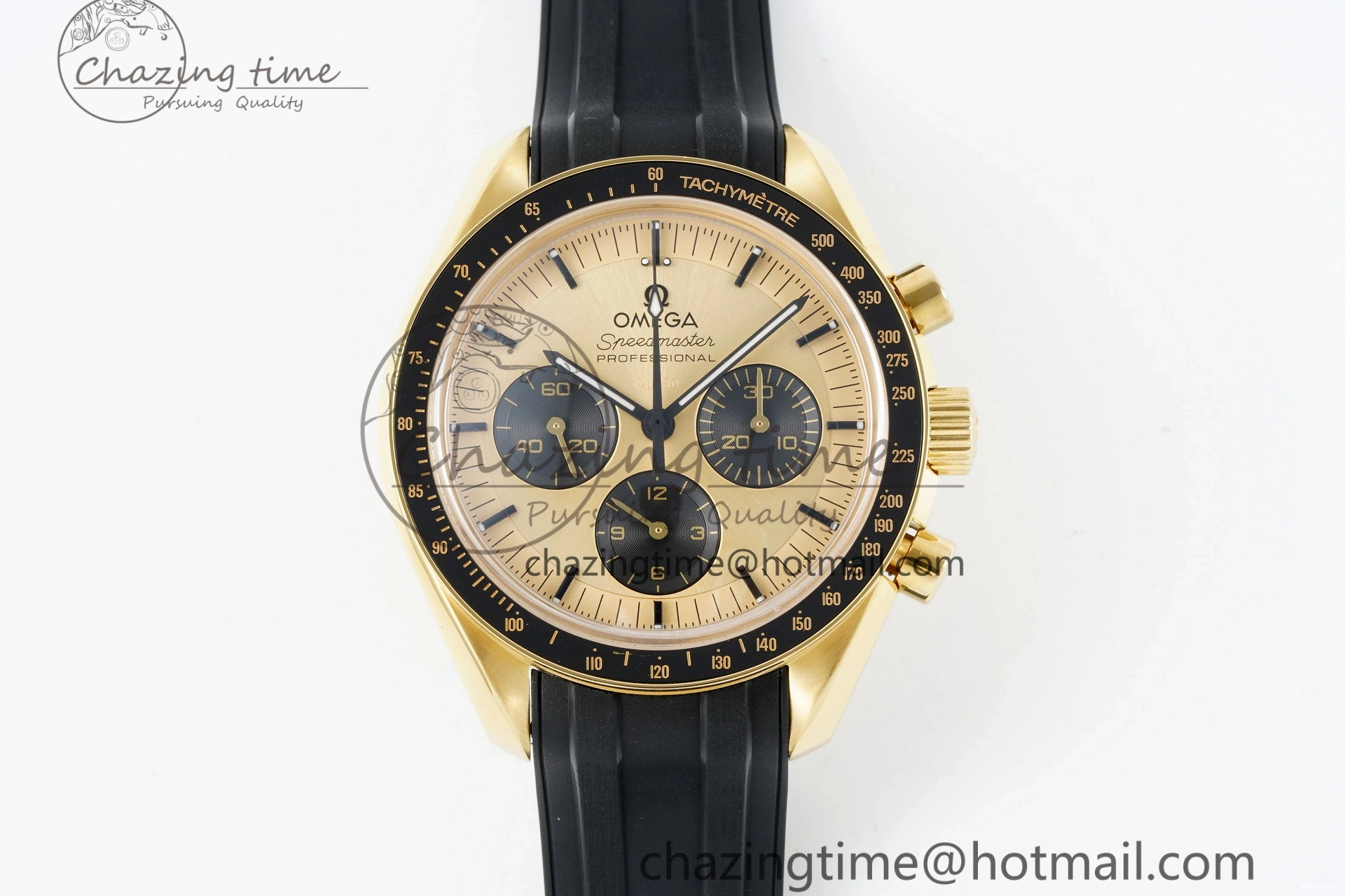 0327 TimelessDesign Speedmaster Moonwatch in Moonshine Gold YG RMF Best Edition YG Dial on Black Rubber Strap Manual Chrono 7834